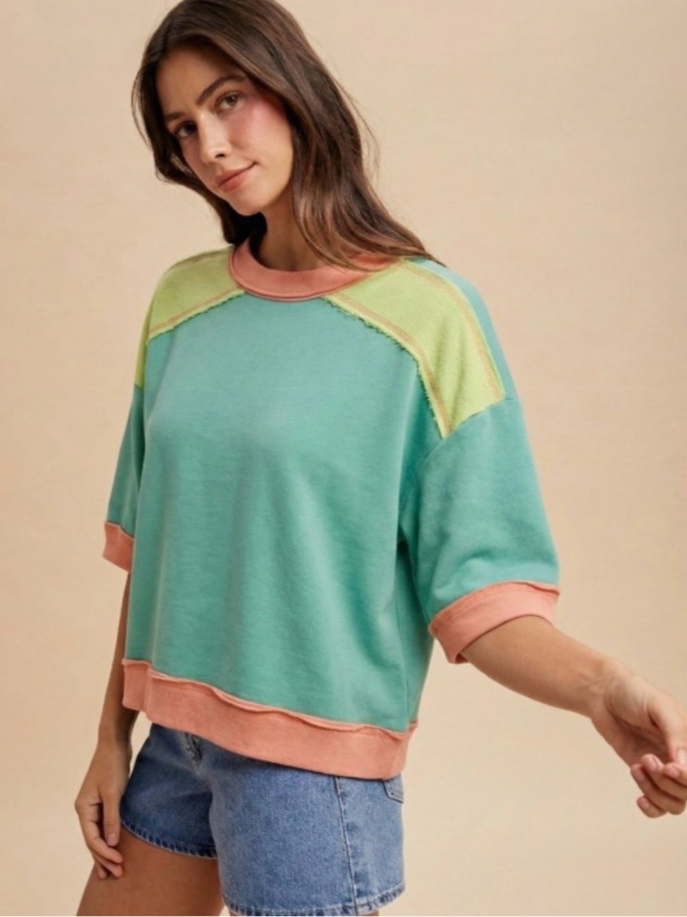 BiBi Mint & Peach Colorblock Short-Sleeve Sweatshirt